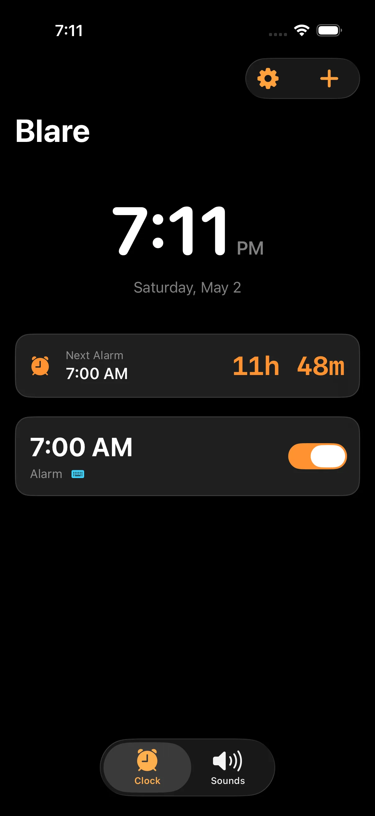 Blare clock view showing the next alarm in 11 hours 48 minutes