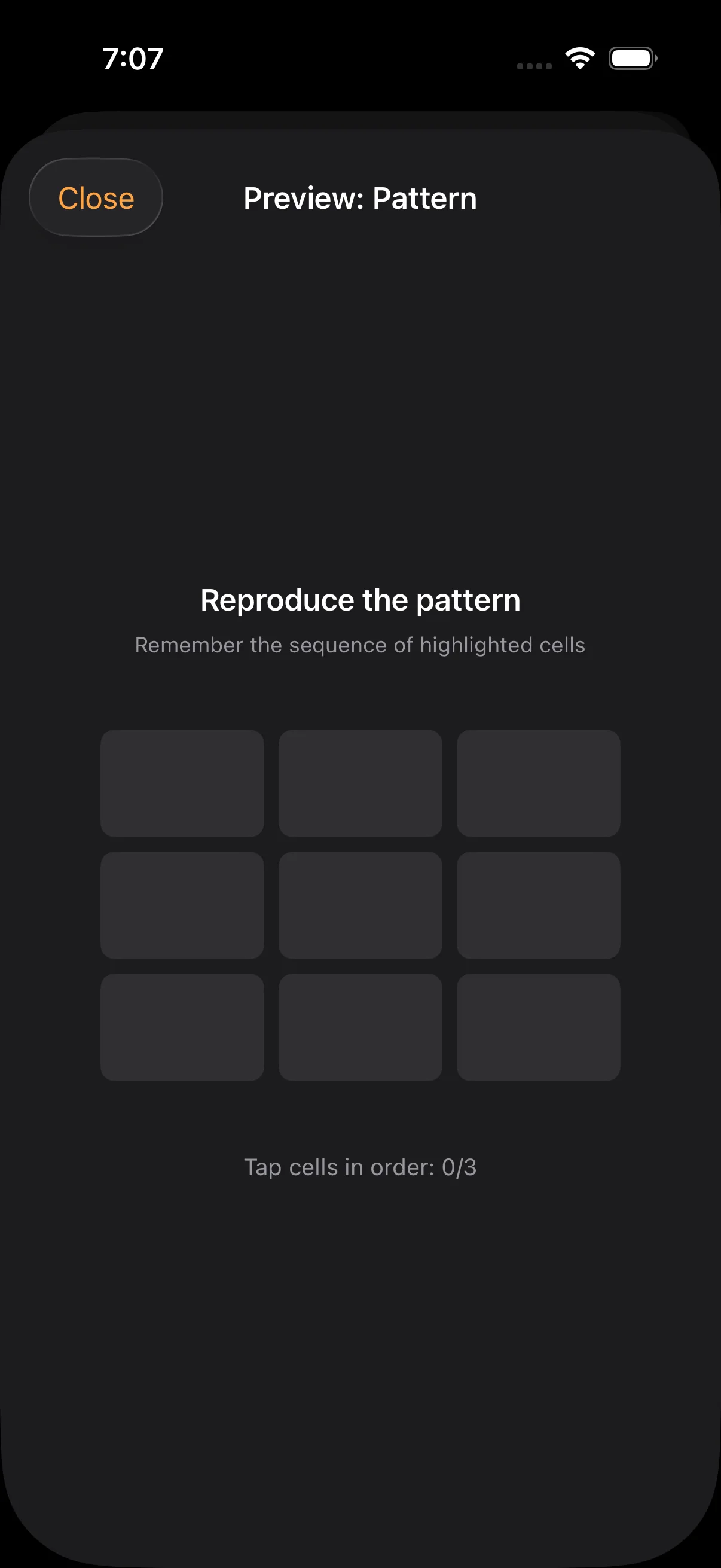 Blare pattern memory challenge — repeat the highlighted tile sequence to dismiss the alarm