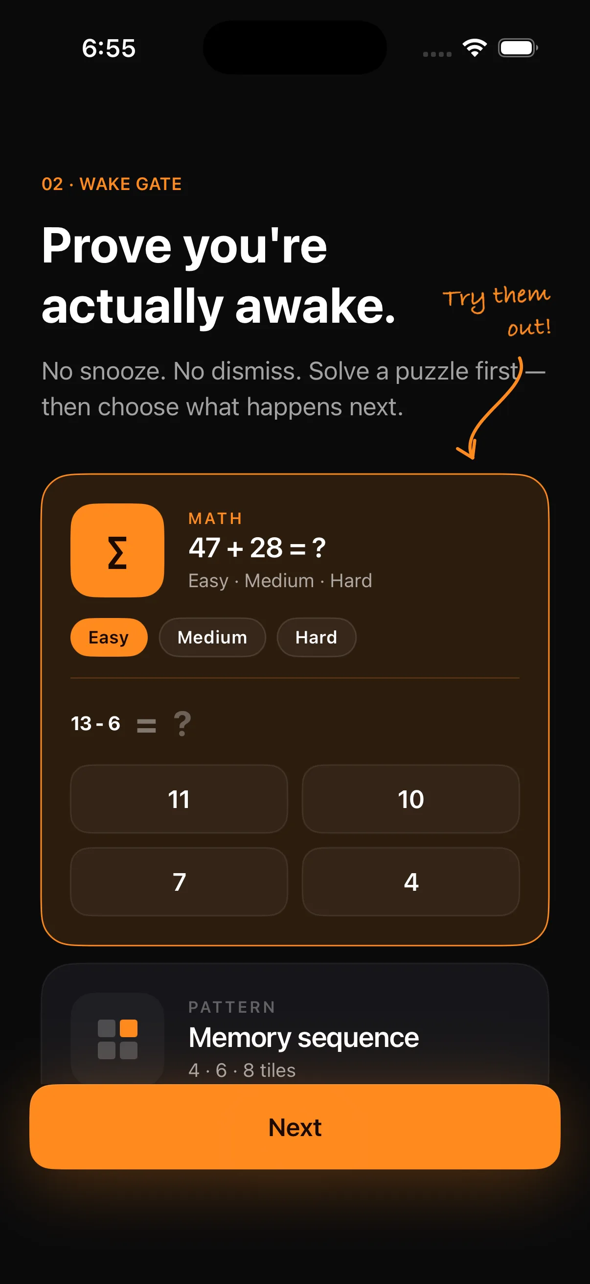 A math puzzle wake-gate with multiple choice answers