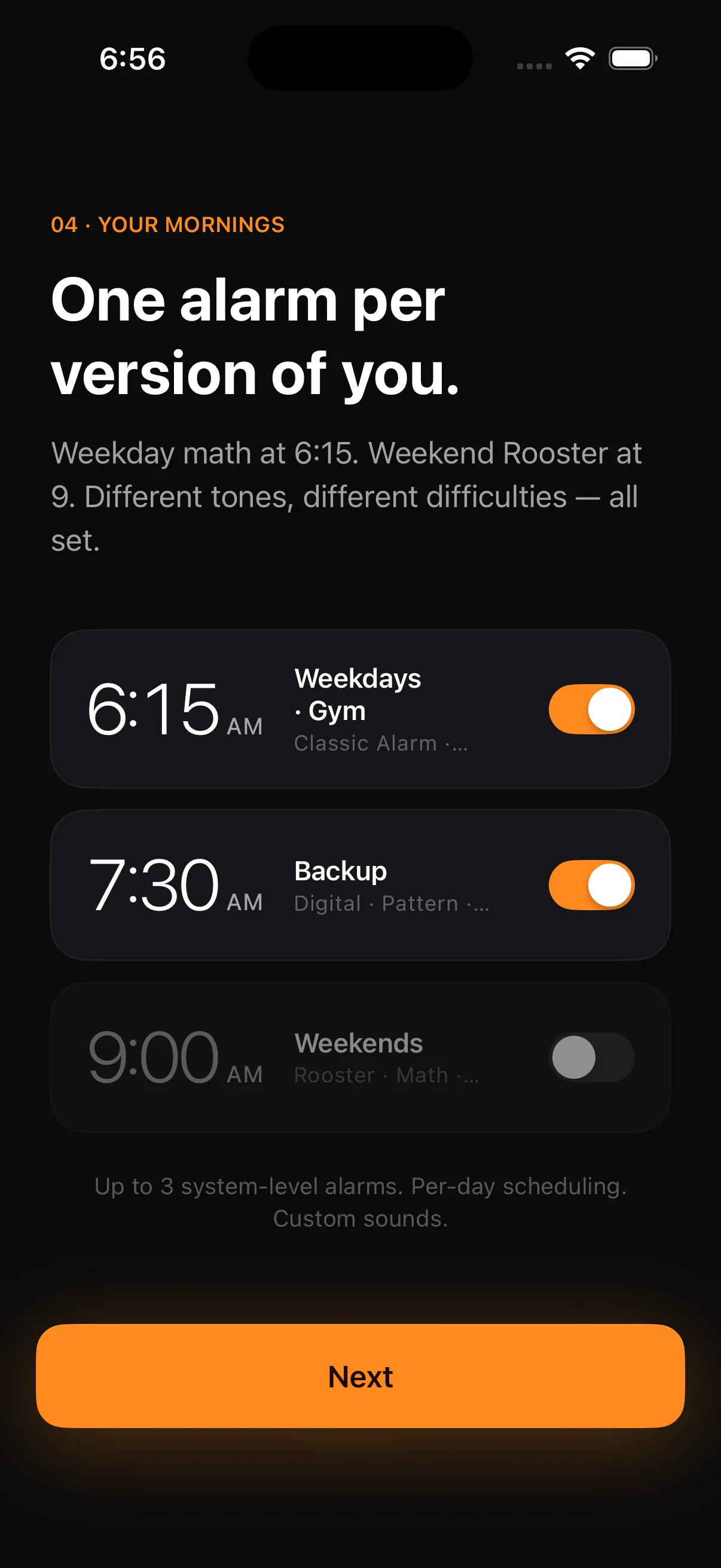 Three alarms scheduled for different days with different sounds