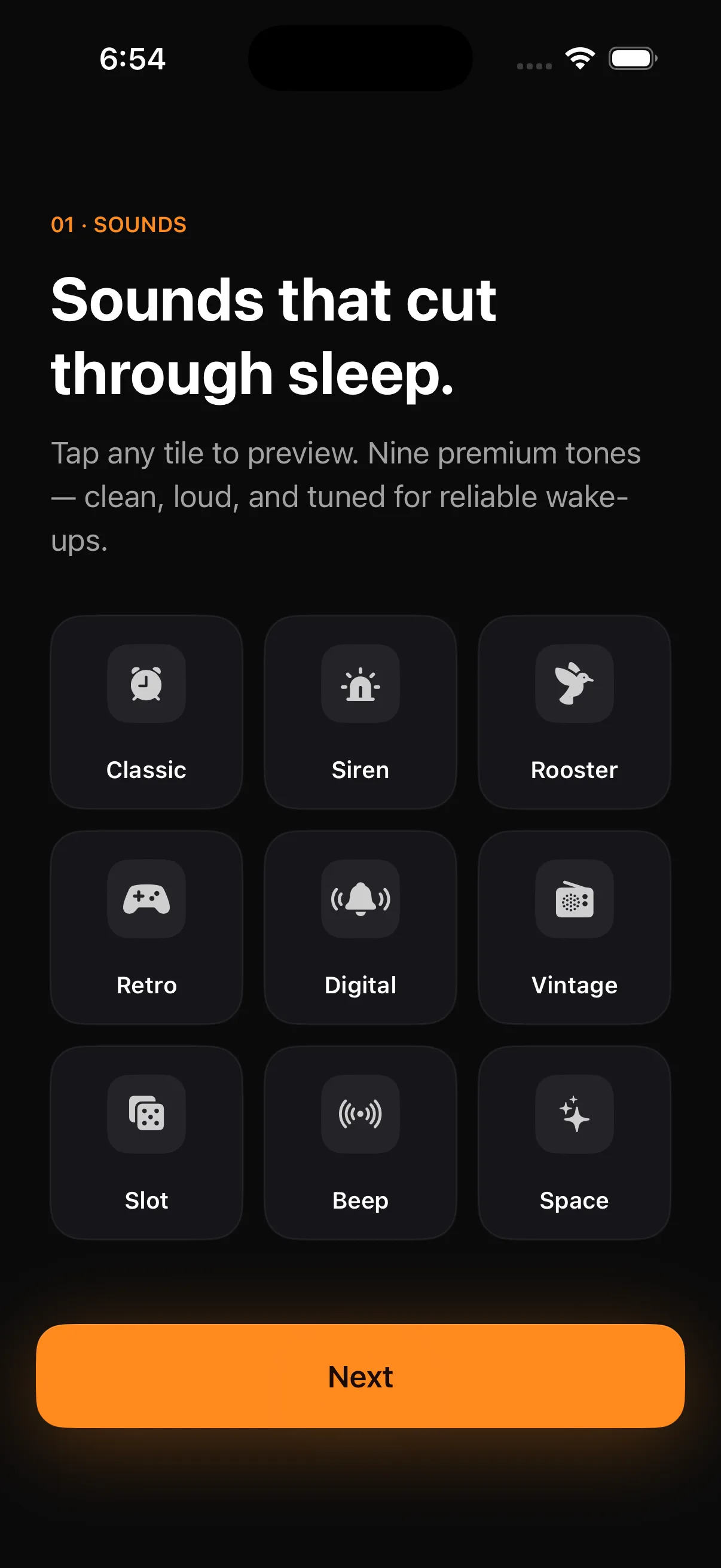 Sound picker grid with nine premium alarm tones